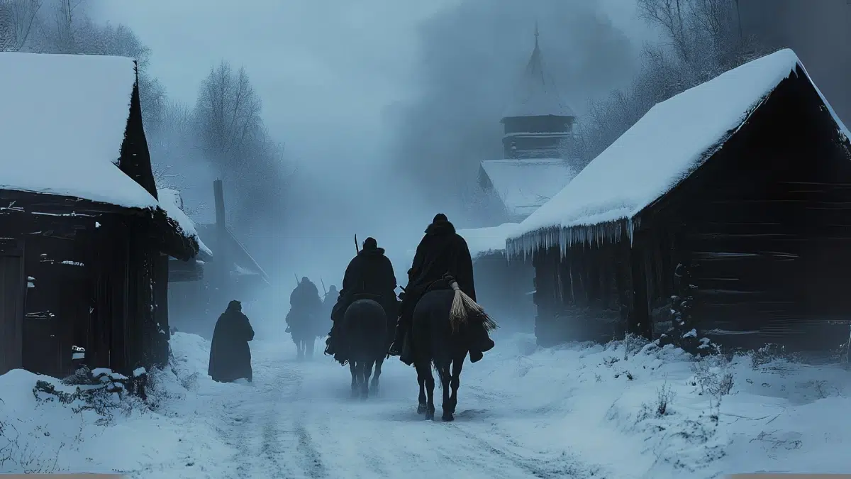Dark, snowy Russian village at dusk, Oprichniki soldiers riding black horses through fog, dressed in black robes and tall fur hats, each with a severed dog’s head and broom tied to their saddles—symbols of sniffing out traitors and sweeping them away