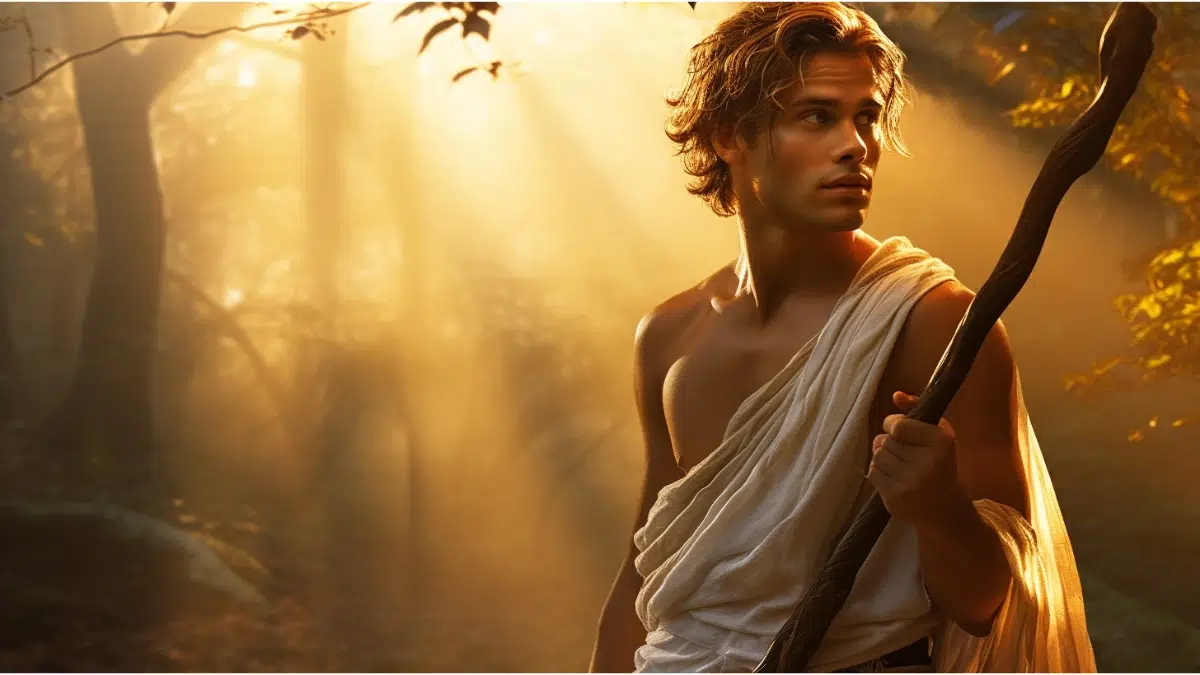 a young man in a white Greek tunic is outside in the sunlight