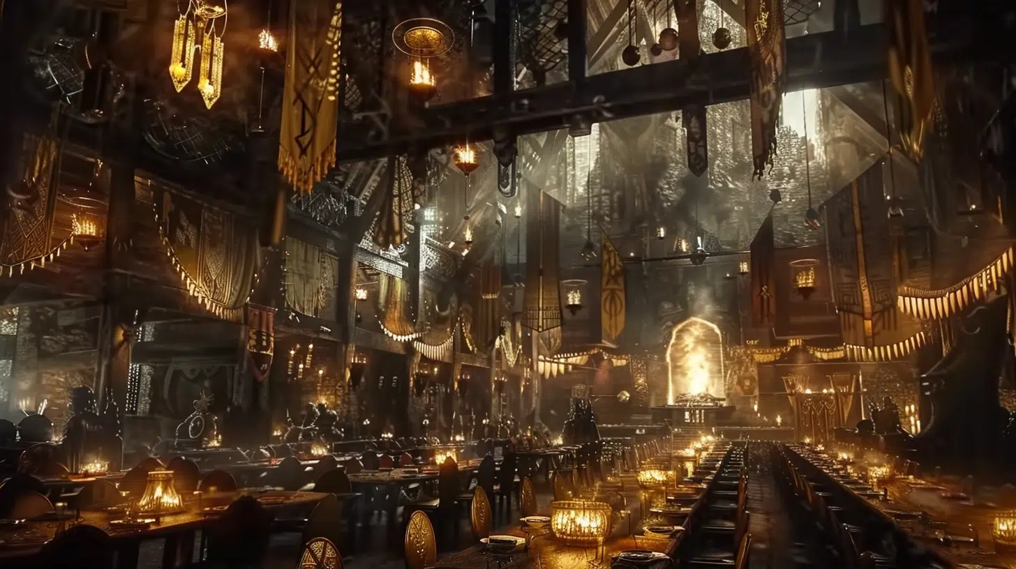 Valhalla, the majestic hall of Odin in Norse mythology — vast golden hall with a soaring roof made of shining shields and spears, perched high in Asgard, glowing with firelight, long wooden tables