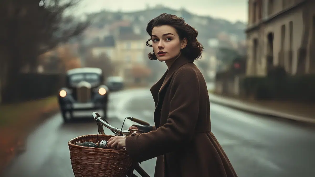 A brunette woman wearing civilian wartime attire rides a bicycle on a country road in Nazi-occupied France, carrying a hidden radio transmitter in her basket, watchful eyes, tension in the air, rustic French village in the background.