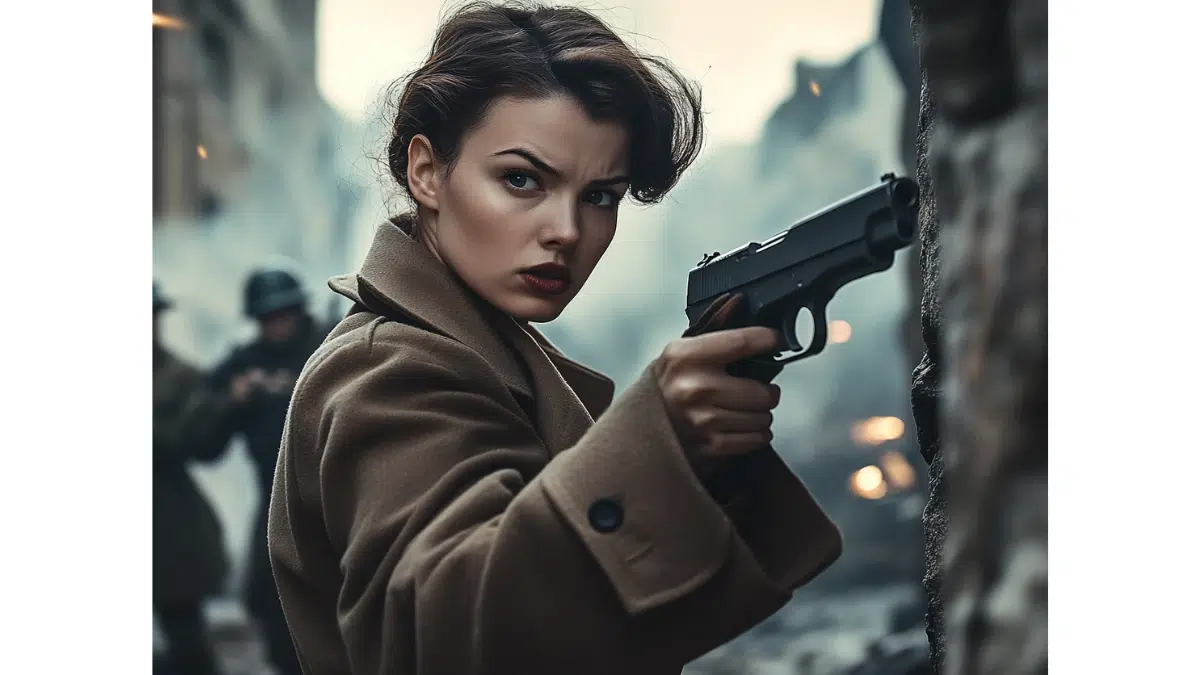 A courageous woman in a trench coat wielding a Sten gun takes cover behind stone ruins, bullets flying, Gestapo soldiers in the distance, dusk lighting, dramatic composition, cinematic WWII action scene.