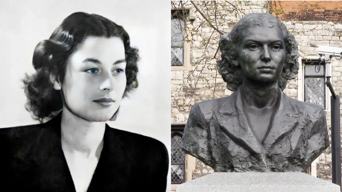 black and white image of Violette Szarbo on the left, and the statue and bust of Violette Szarbo on the right