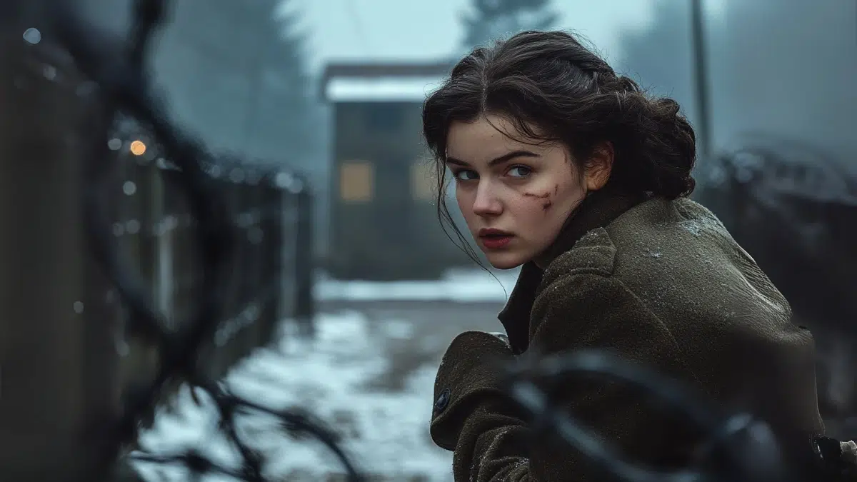 A somber woman in worn clothing comforts fellow female prisoners in a bleak, snow-covered concentration camp yard, barbed wire fences and watchtowers in the distance, muted colours, emotional atmosphere, soft lighting for empathy.