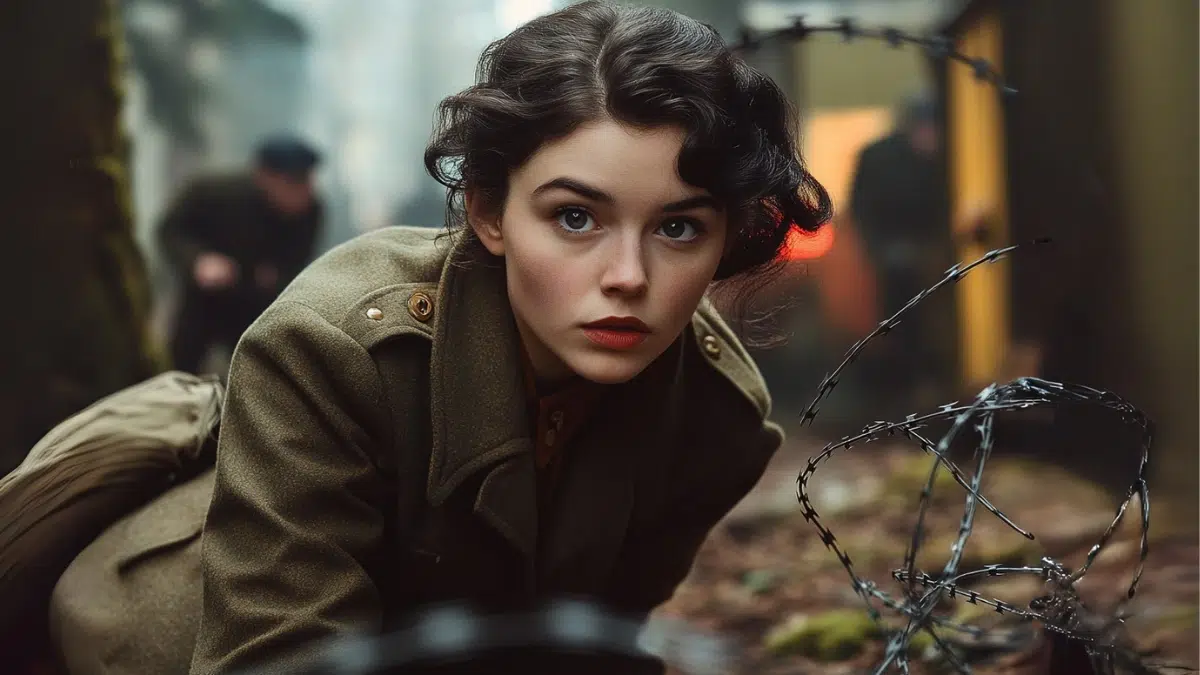 A female SOE recruit in olive green uniform crawling under barbed wire during training, forest terrain, sharp focus on grit and concentration, World War II realism, muted tones with overcast sky.
