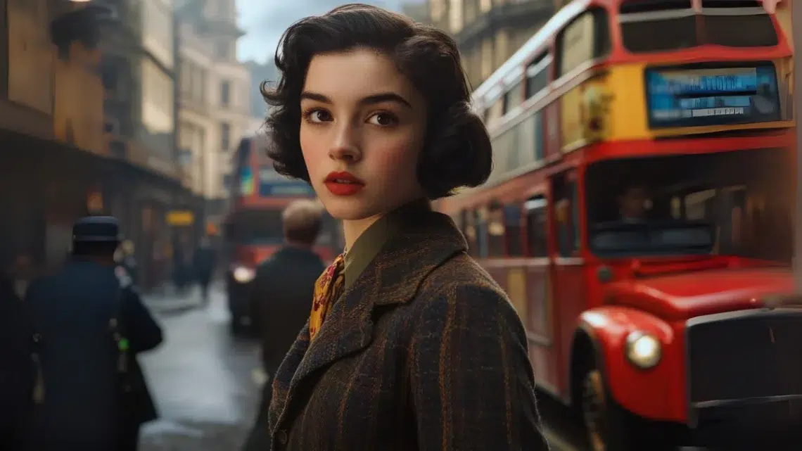 A young woman with short dark hair in 1940s clothing walks through a busy London street, double-decker buses and old shopfronts in the background, her expression full of quiet determination, soft golden lighting, vintage realism, cinematic tone.