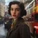 A young woman with short dark hair in 1940s clothing walks through a busy London street, double-decker buses and old shopfronts in the background, her expression full of quiet determination, soft golden lighting, vintage realism, cinematic tone.