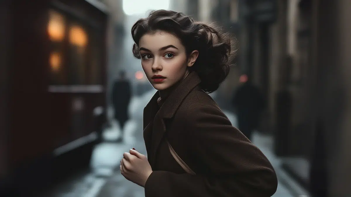 A young woman with short dark hair in 1940s clothing running in an alley, her expression full of quiet determination, soft golden lighting, vintage realism, cinematic tone.