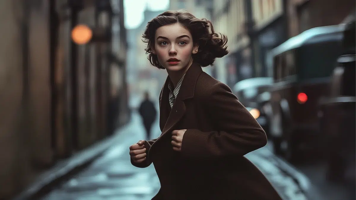 A young woman with short dark hair in 1940s clothing running in an alley, her expression full of quiet determination, soft golden lighting, vintage realism, cinematic tone.