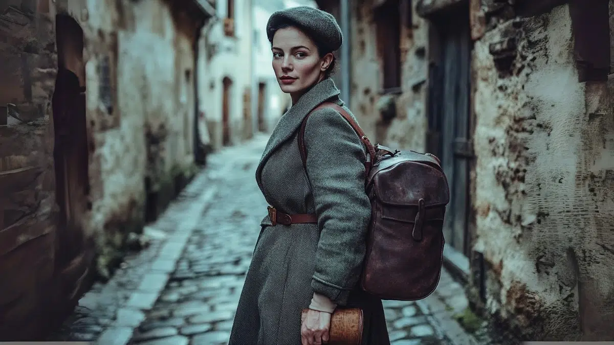 Virginia Hall, WWII American spy is white woman dressed in 1940s civilian clothes with a wool coat and beret, holding a small leather satchel, standing in a cobblestone alley