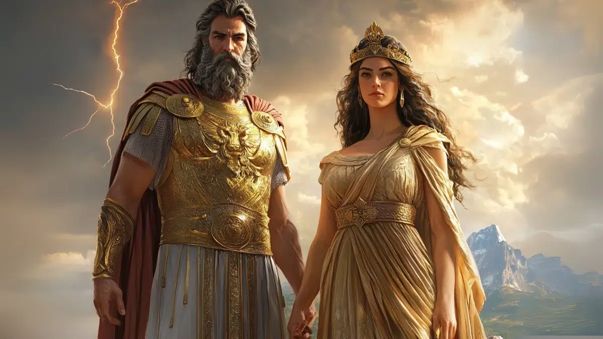 Greek god dressed in gold and white with a beard stands beside his wife wearing a crown and a Greek style dress
