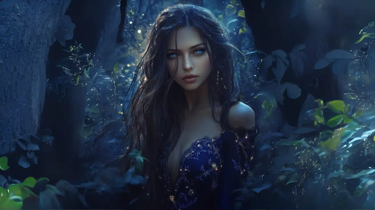 circe the sorceress stands in a magial forest dressed in a purple ornate dress, with long dark hair