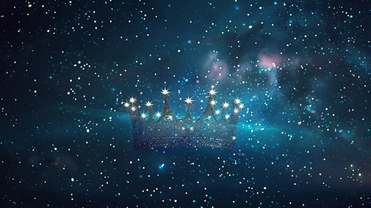 a crown covered in twinkling lights floats in the night sky surrounded by other stars