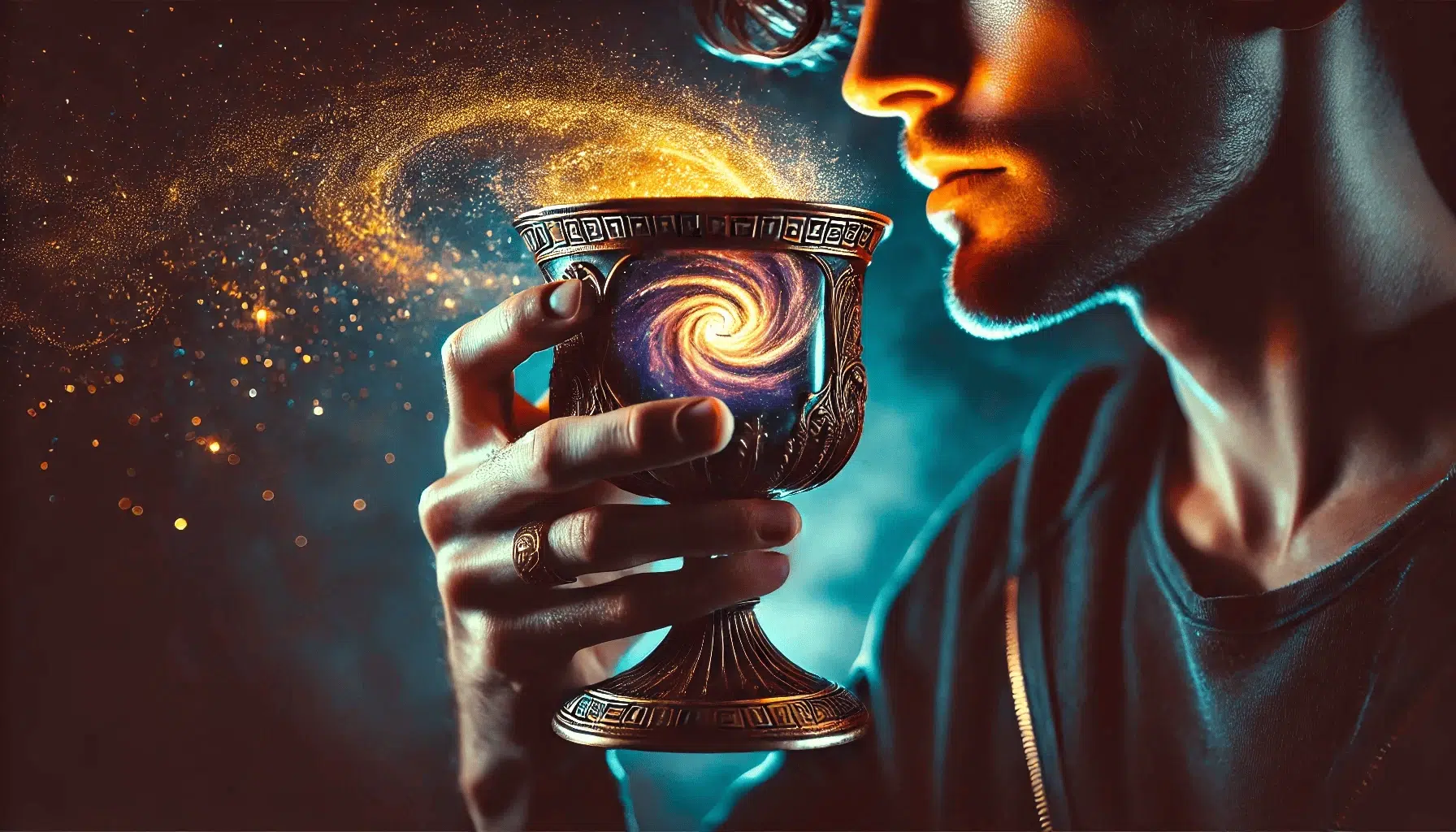a man takes a sip from an enchanted goblet