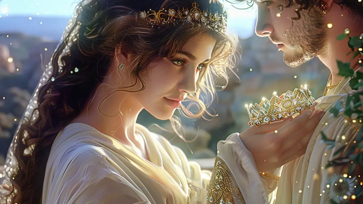 the wedding of Ariadne and Dionysus, Ariadne wears a while robe and a thin golden crown and holds an ornate beautiful golden crown in her hands presented to her by Dionsus, god of wine and festivity during their divine wedding