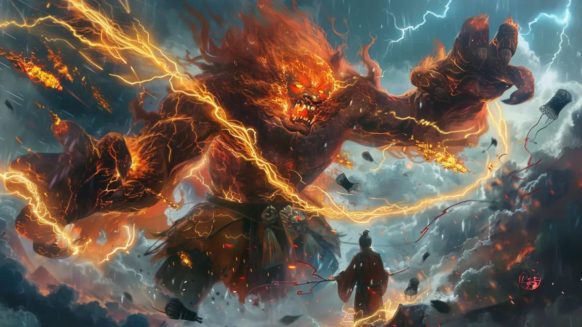 monk named Sugaru confronting Raijin, fierce Japanese thunder god with red skin, flaming hair, and sharp claws