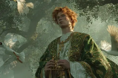 Aengus Óg, the Celtic god of love and youth, from Irish mythology, standing in a misty green glade appears youthful and radiant, with tousled auburn hair wearing a flowing green and gold tunic