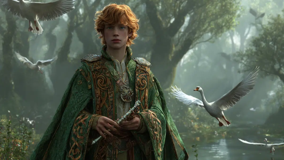 Aengus Óg, the Celtic god of love and youth, from Irish mythology, standing in a misty green glade appears youthful and radiant, with tousled auburn hair wearing a flowing green and gold tunic