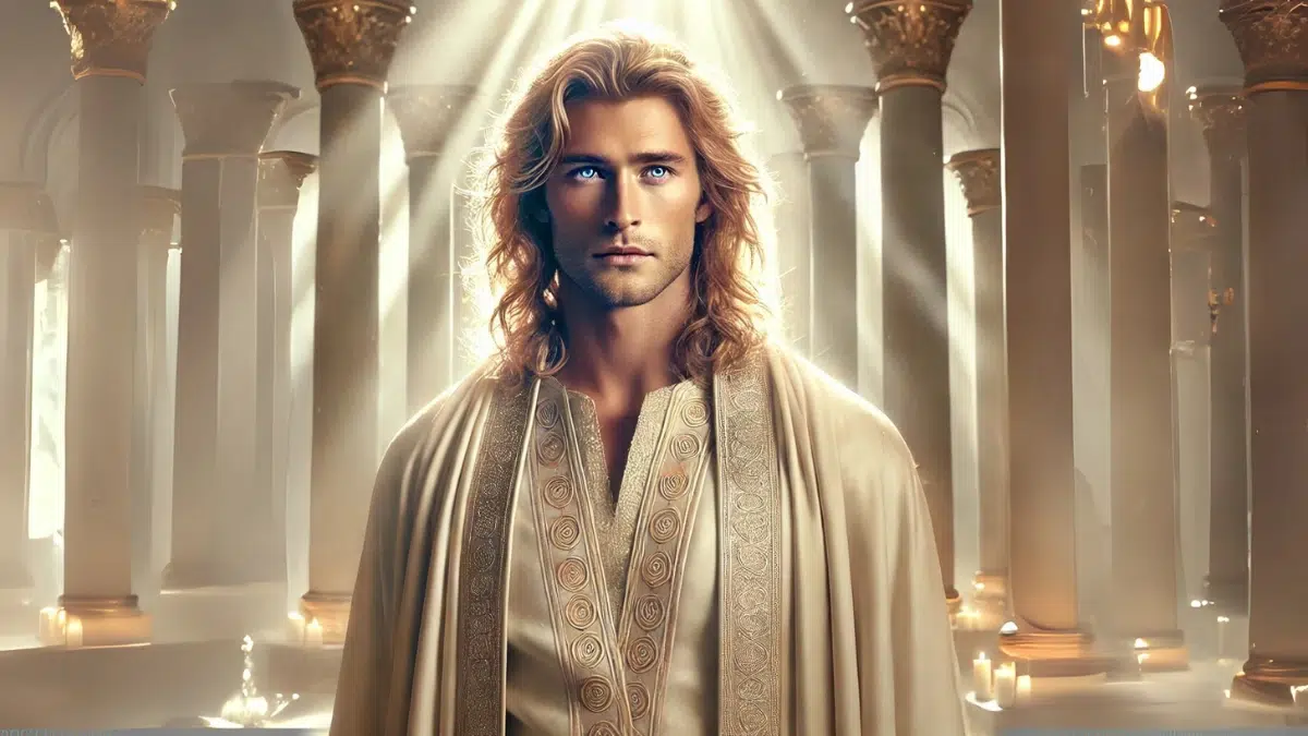Norse god with shoulder length wavy hair and piercing blue eyes, wearing a light gold robe and stands in a palace surrounded by columns in candlelight