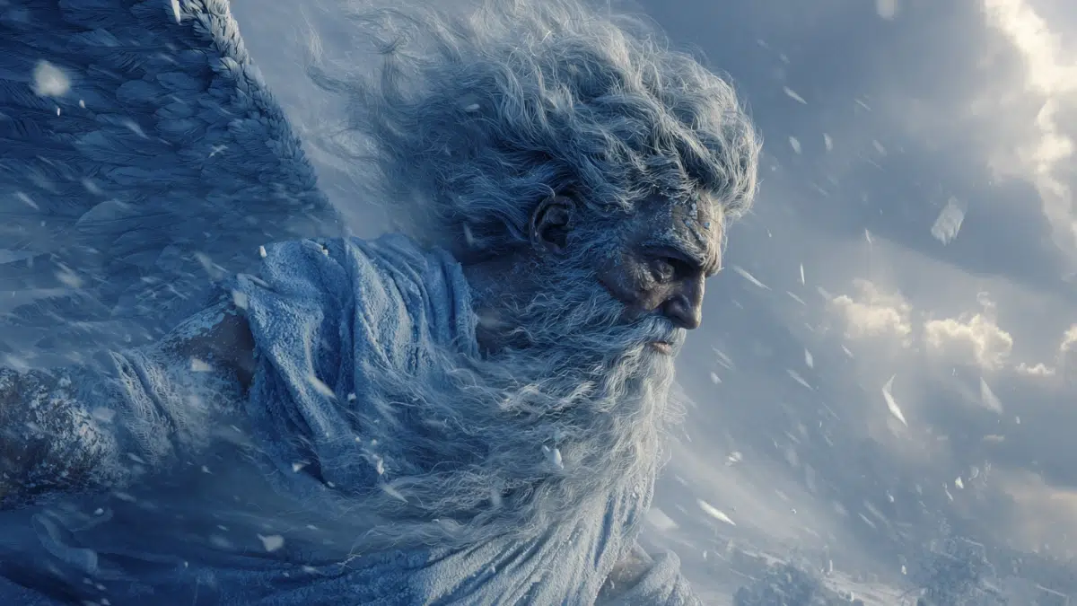 the Greek god of the north wind, as a powerful, winged man with a rugged, icy appearance. His hair and beard are wild, swept by fierce winds, with frost glistening on them. He has pale blue skin, symbolizing the cold north