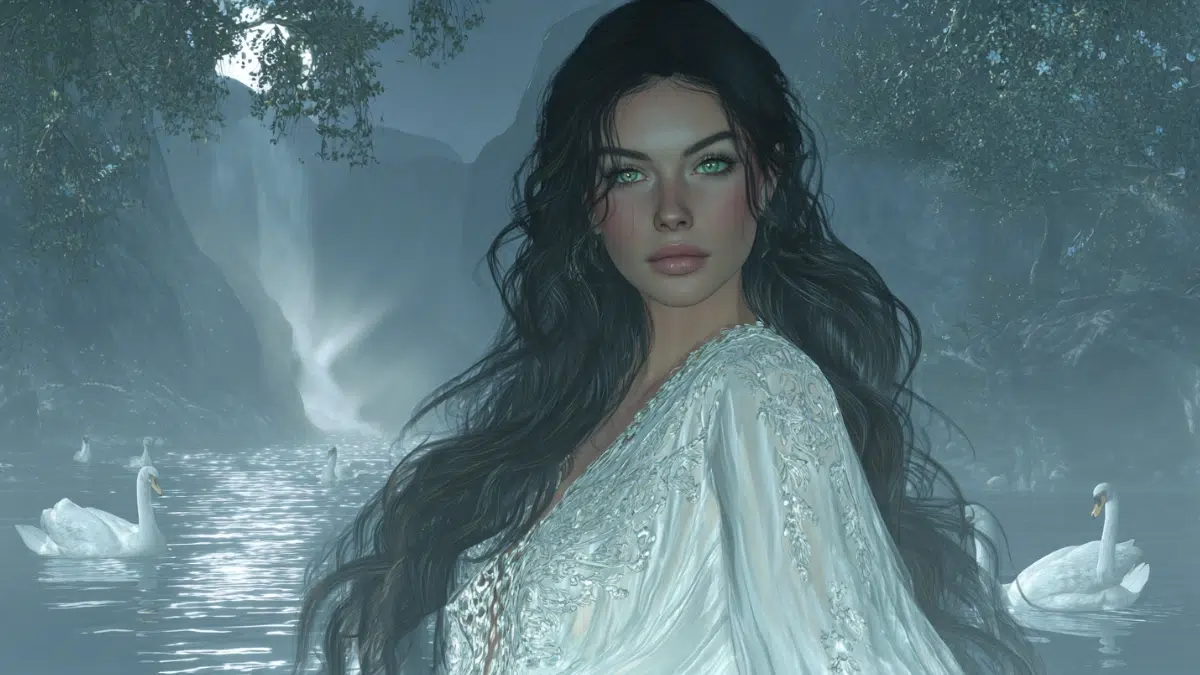 Caer Ibormeith, the beautiful maiden from Irish mythology and lover of Aengus has long, flowing dark hair with pale skin, and striking green eyes, wears a flowing white Celtic gown around her, a gentle mist rises over a moonlit lake with white swans
