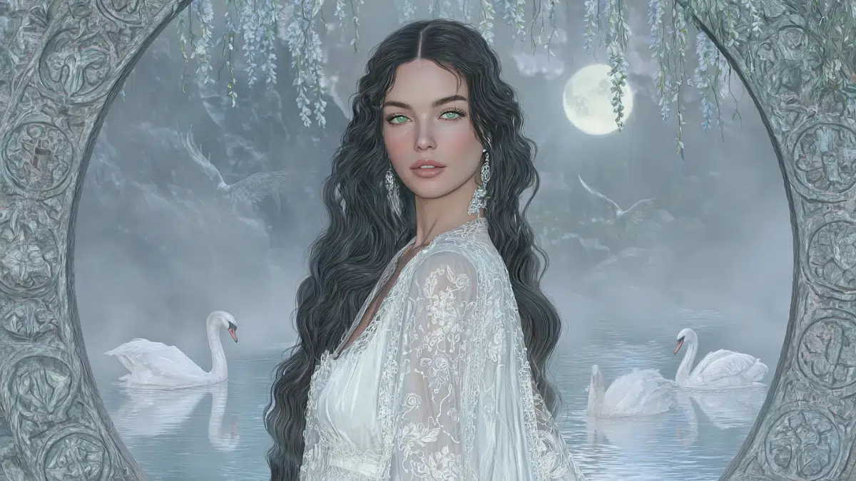 Caer Ibormeith, the beautiful maiden from Irish mythology and lover of Aengus has long, flowing dark hair with pale skin, and striking green eyes, wears a flowing white Celtic gown around her, a gentle mist rises over a moonlit lake with white swans