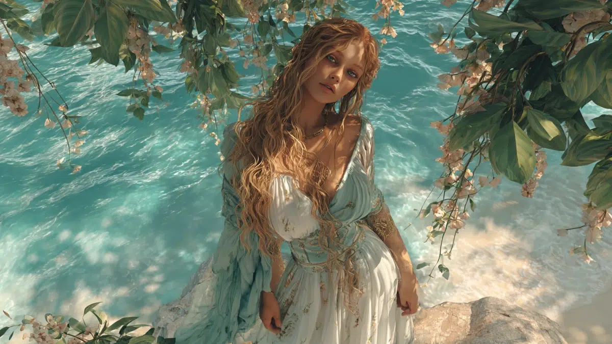 a young beautiful woman standing on a secluded island with turquoise waters and lush greenery with wavy golden hair wearing a flowing white and sea-green dress