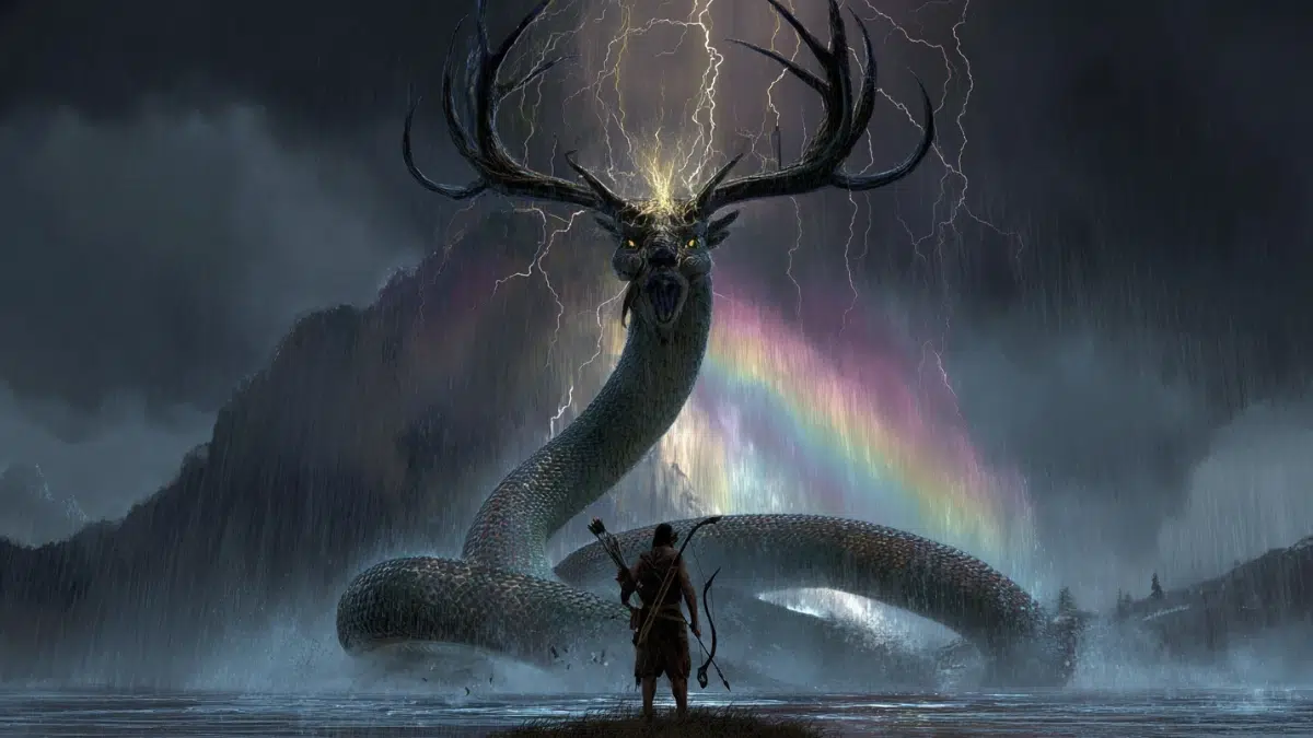 Cherokee warrior facing the horned serpen