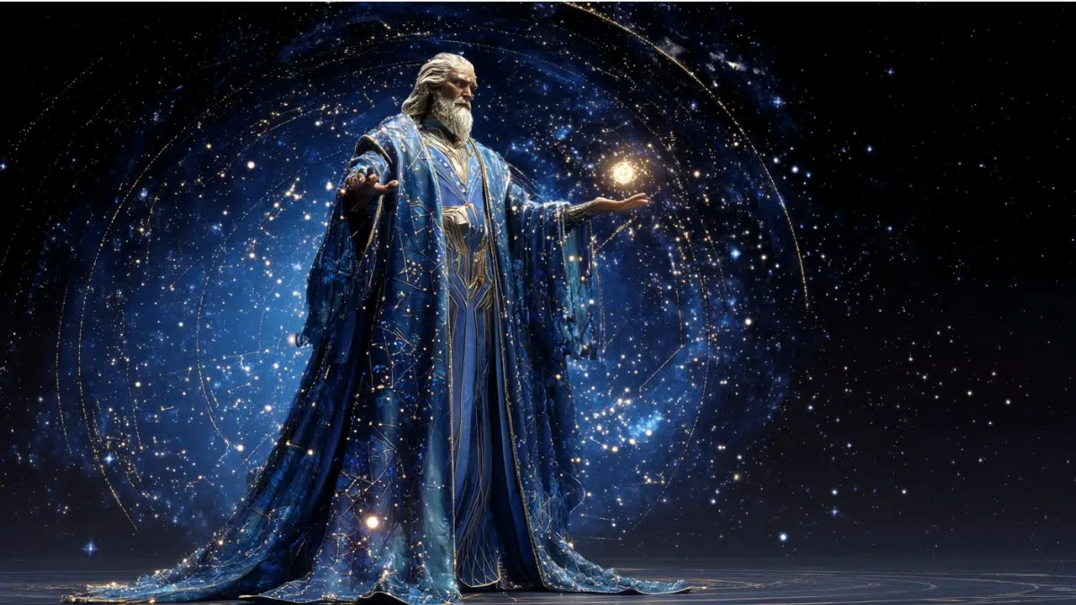 Crius, Titan of constellations and the heavens from Greek mythology, standing beneath a vast night sky filled with glowing constellations, ultra-realistic. He is tall and imposing, with deep blue robes adorned with star patterns