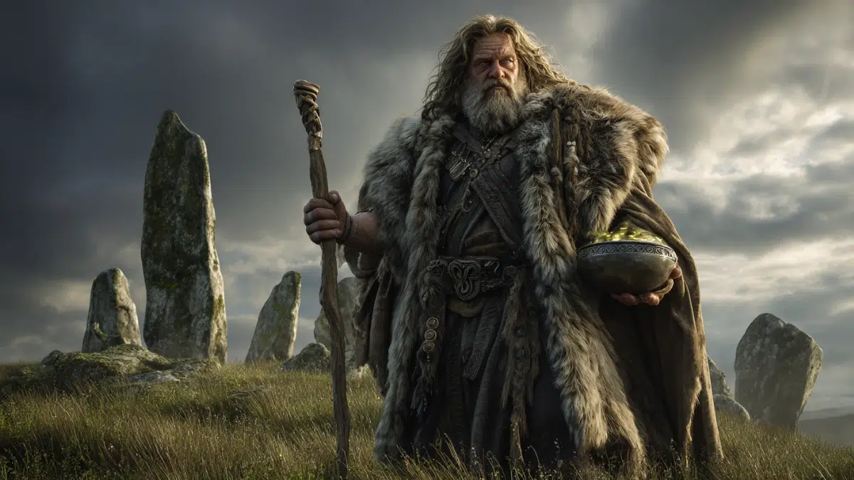 Dagda, the mighty father god of Irish mythology, standing in a grassy hilltop landscape under a stormy sky, ultra-realistic. He is towering and broad-shouldered, with long wild hair and a thick beard, wearing a fur-lined cloak and rugged tunic