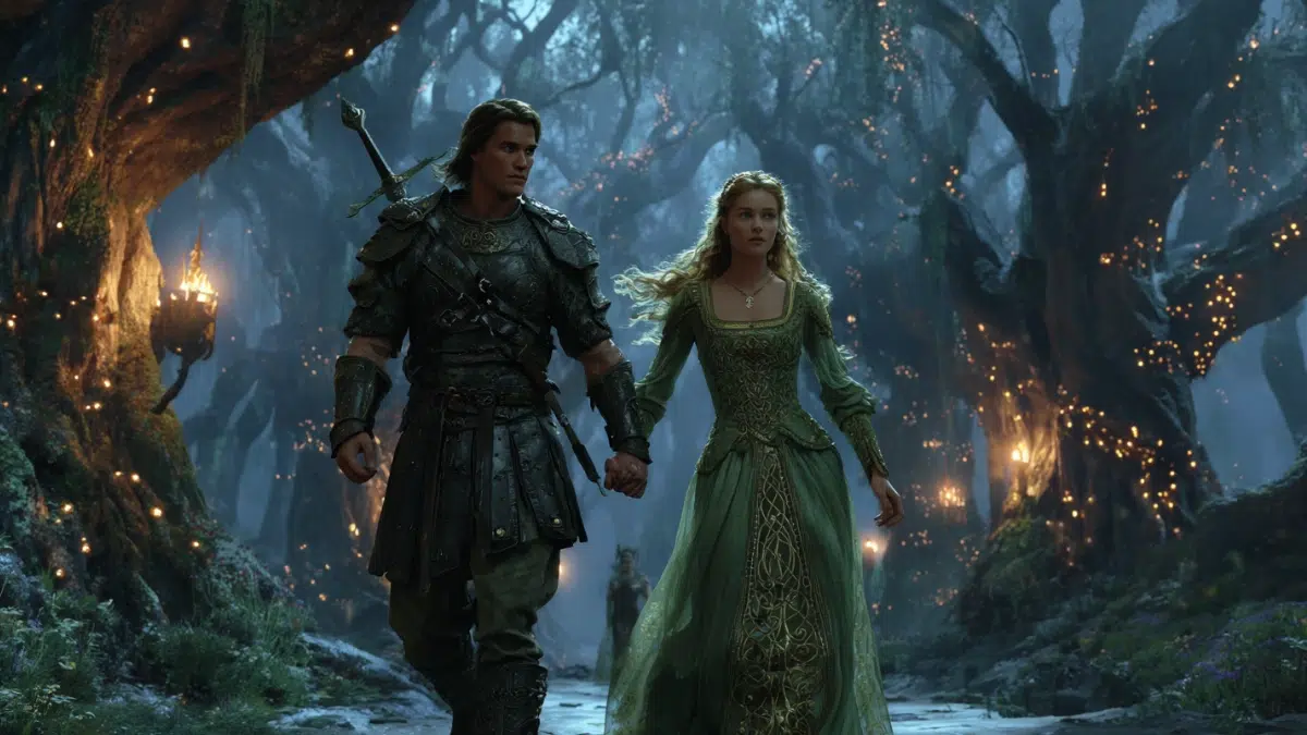 Diarmuid and Gráinne from Irish mythology, fleeing through an ancient enchanted forest under moonlight, Diarmuid is a handsome warrior with dark hair, wearing Celtic leather armor and Gráinne is a strikingly beautiful woman with flowing hair, dressed in an elegant green gown