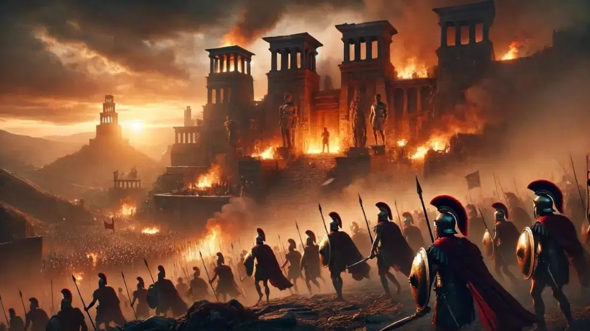 a fiery battle scene, buildings on fire, soldiers in the foregound in armour carryingswords and spears