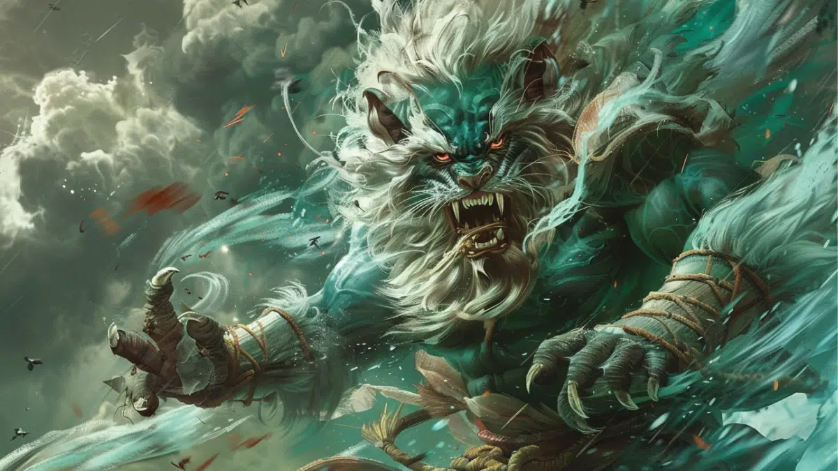 Fujin, Japanese wind god, green-blue skin, messy white hair, sharp teeth, wild animal-like face with bat-like ears and monkey-like features