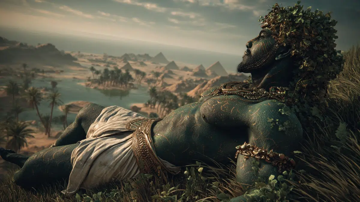 Geb, Egyptian god of the earth, ultra-realistic. Depicted as a strong, reclining man lying on the ground, his body forming rolling green hills and fertile fields. His skin is deep green and brown, symbolizing vegetation and soil, with patches of gold representing desert sands