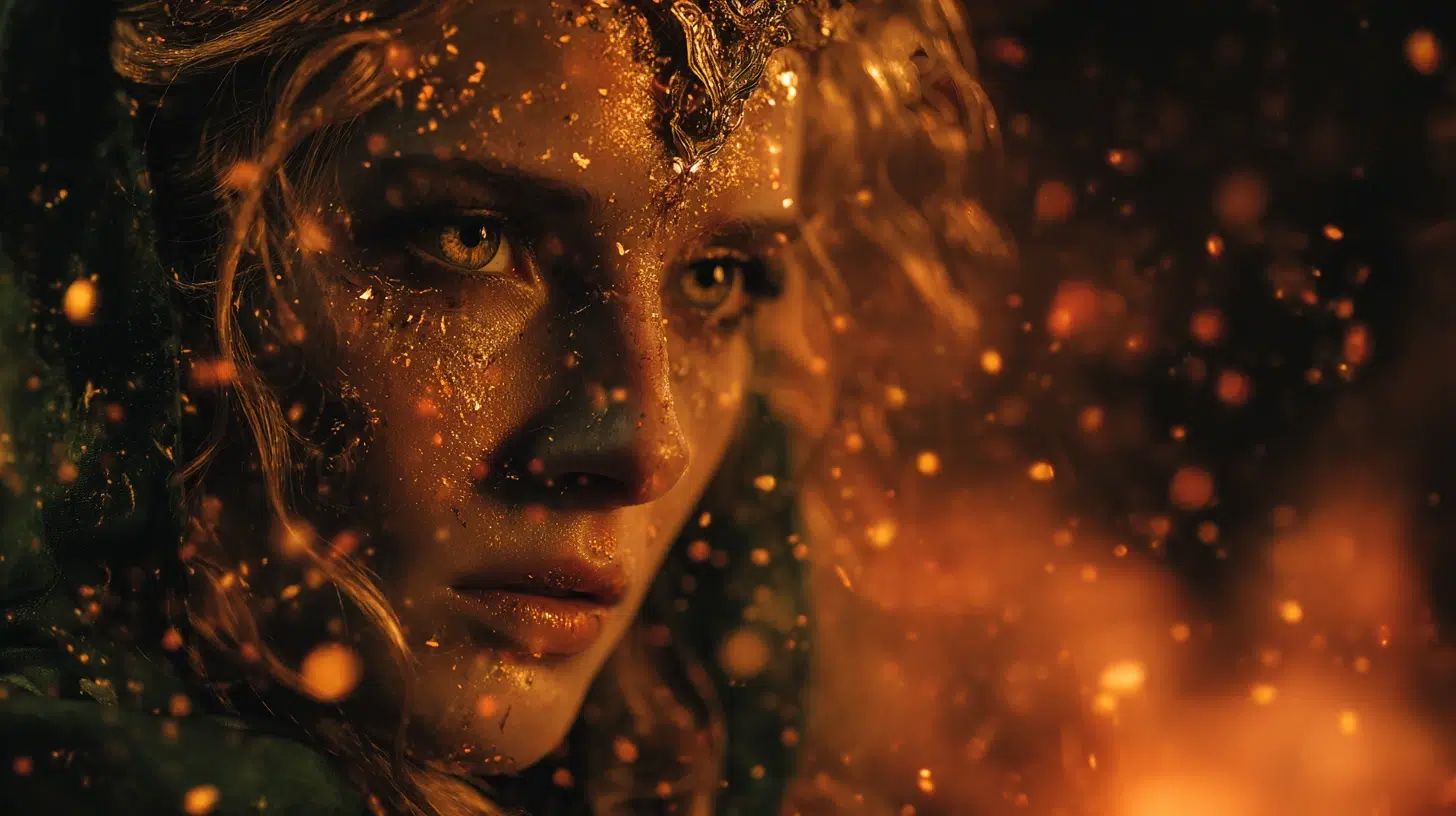 Vanir witch, molten-gold hair and deep green robes scorched, engulfed in roaring orange and gold flames, pale luminous skin glowing through the fire, amber eyes filled with defiance, sparks and embers swirling