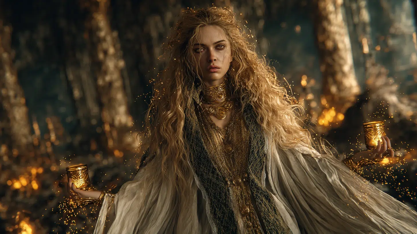 Vanir witch, molten-gold hair and deep green robes scorched, engulfed in roaring orange and gold flames, pale luminous skin glowing through the fire, amber eyes filled with defiance, sparks and embers swirling