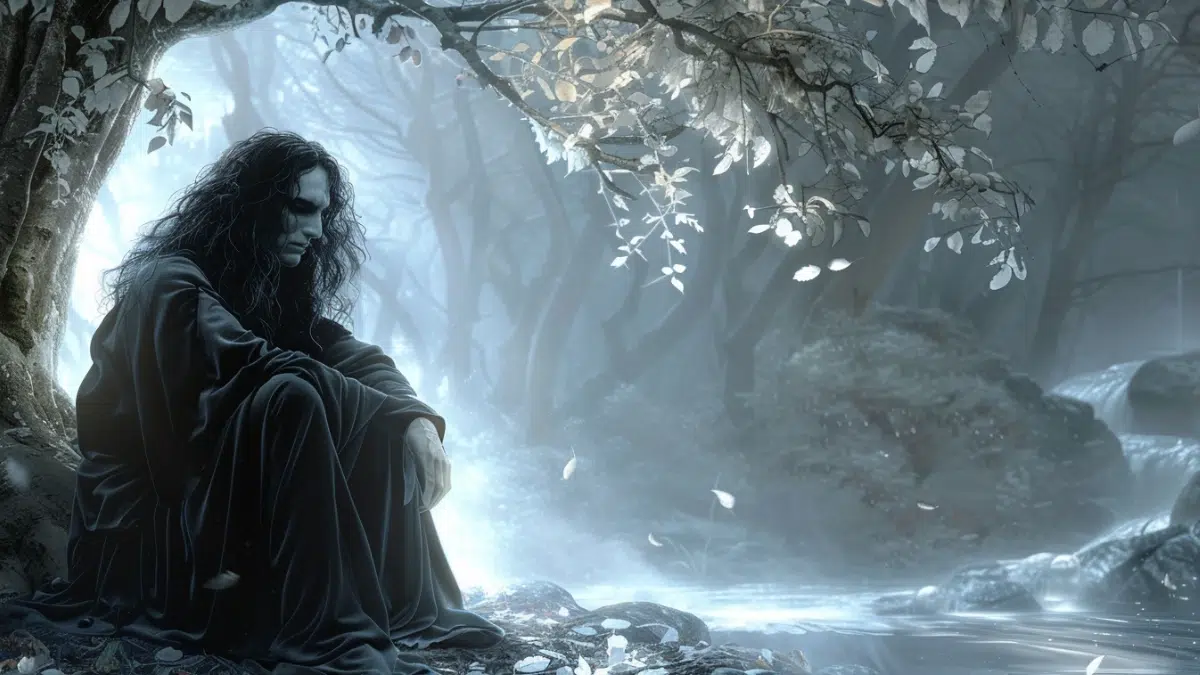 the young god Hades with long dark hair and wearing dark clothes, sits by a river and poplar trees mourning the death of Leuce the river nymph