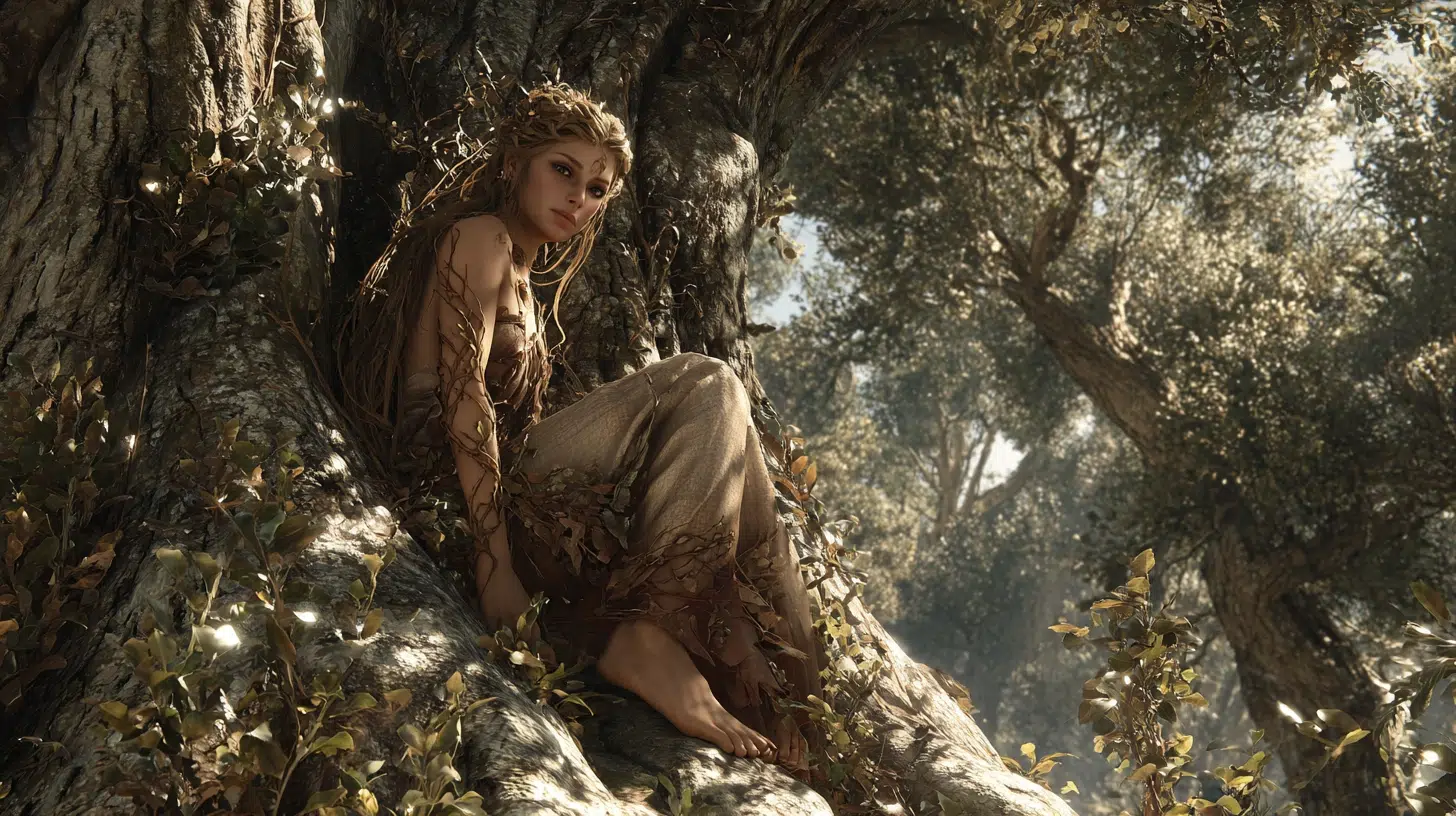 Hamadryad emerging from the trunk of a large, ancient oak tree. Her skin has subtle bark-like patterns that blend seamlessly with the tree, and her flowing hair resembles leaves and vines