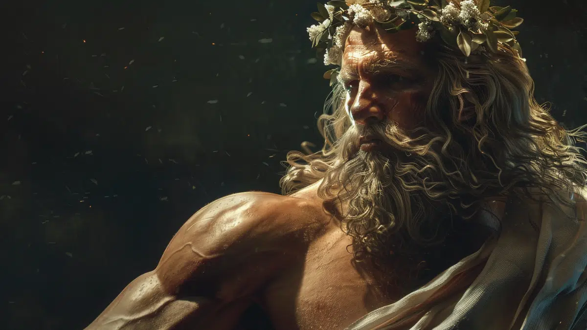 the muscular bearded Heracles exposes his muscles in a white tunic and wears a crown of poplar leaves in a wreath