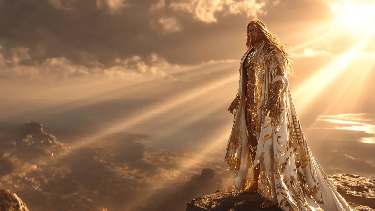 Hyperion, Titan of heavenly light standing on a high cliff with golden skin glowing faintly, long flowing hair like sunlight, and wears a robe of white and gold that shimmers