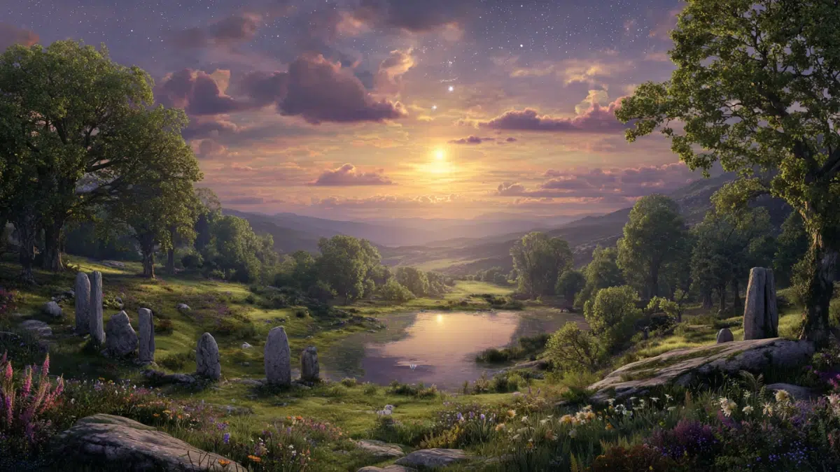 The Irish Otherworld, a mystical realm of eternal youth, beauty, and inspiration, ultra-realistic. Rolling emerald hills stretch into the distance beneath a shimmering twilight sky of gold and violet