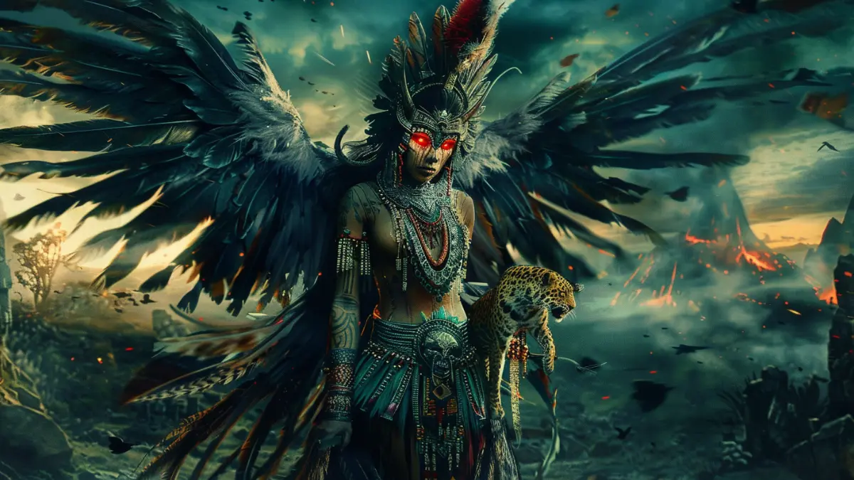 Itzpapalotl, Aztec warrior goddess, fierce and majestic, wings of sharp obsidian blades shaped like butterfly wings, glowing red eyes