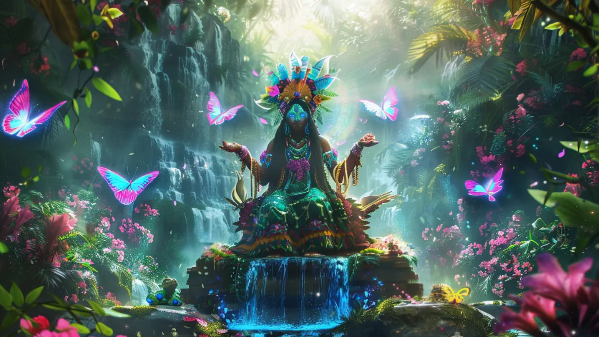 Itzpapalotl seated on an obsidian throne, ruling Tamoanchan, a lush paradise with waterfalls, flowering trees, and glowing butterflies, spirits of infants and women surrounding her peacefully,