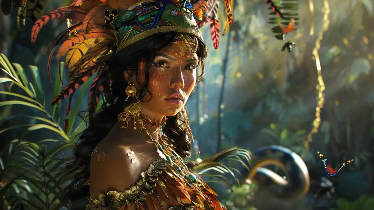 Itzpapalotl disguised as a breathtakingly beautiful Aztec woman, flowing dark hair adorned with feathers, intricate gold and obsidian jewelry