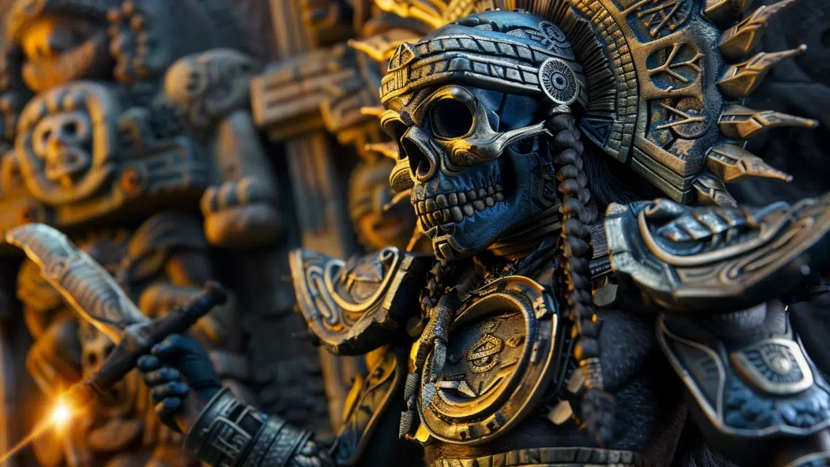 Itzpapalotl’s Aztec armor and obsidian weapons