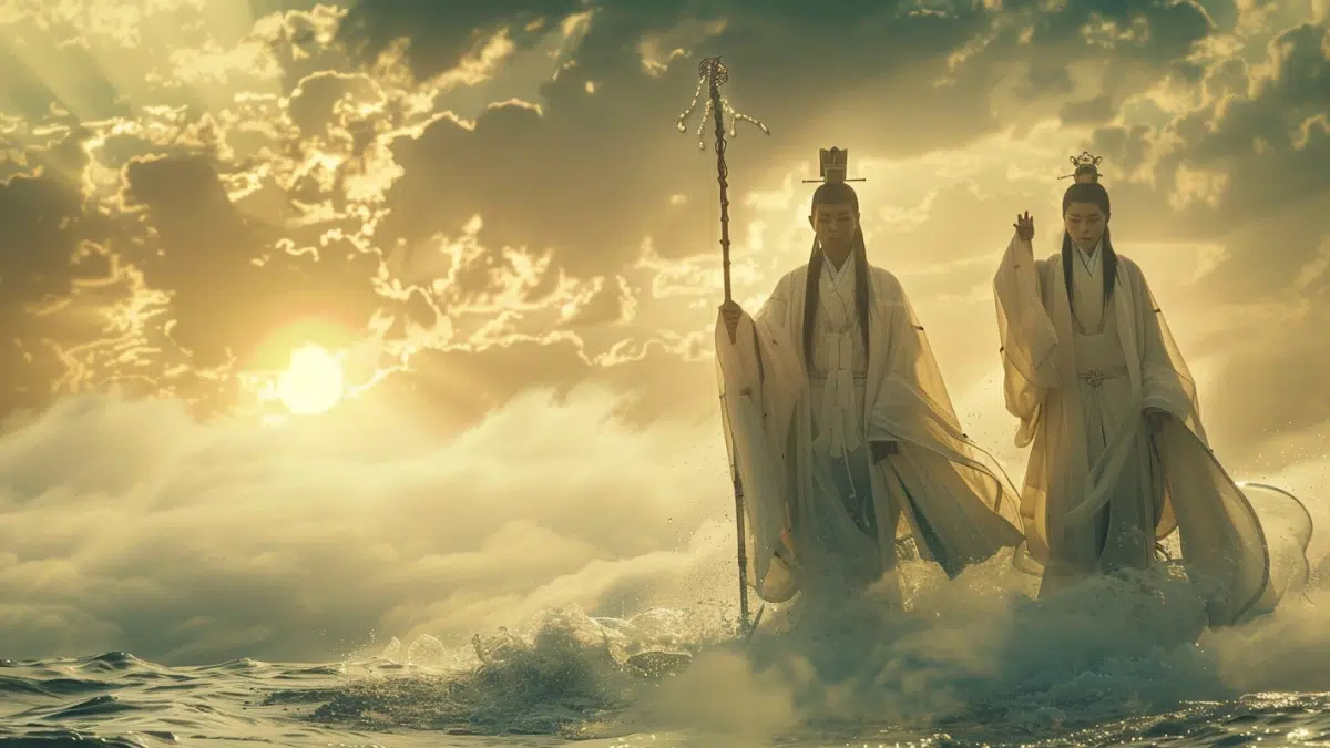 Izanagi and Izanami, Shinto creator deities, standing on the celestial bridge of heaven, holding the jeweled spear dripping with water, as they stir the sea below to form the Japanese islands, ethereal glow surrounding them