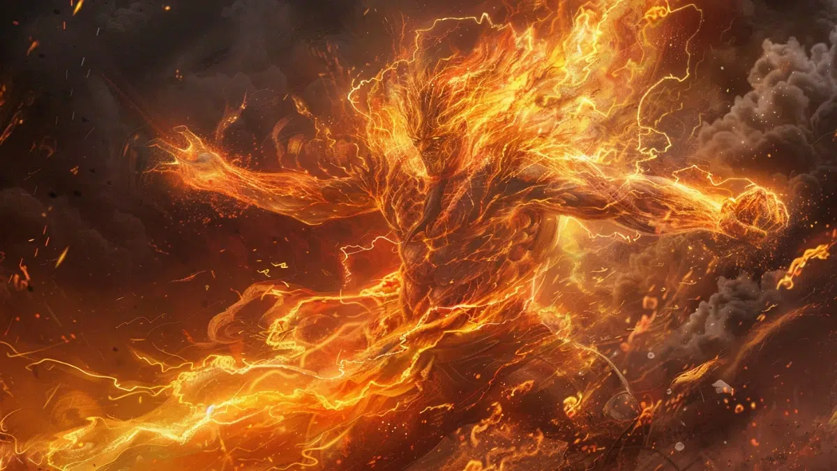 Kagutsuchi, Japanese fire god, fierce and powerful, body glowing like molten lava with cracks of blazing light, flowing fiery hair resembling flames, sharp intense eyes, surrounded by roaring fire and ash