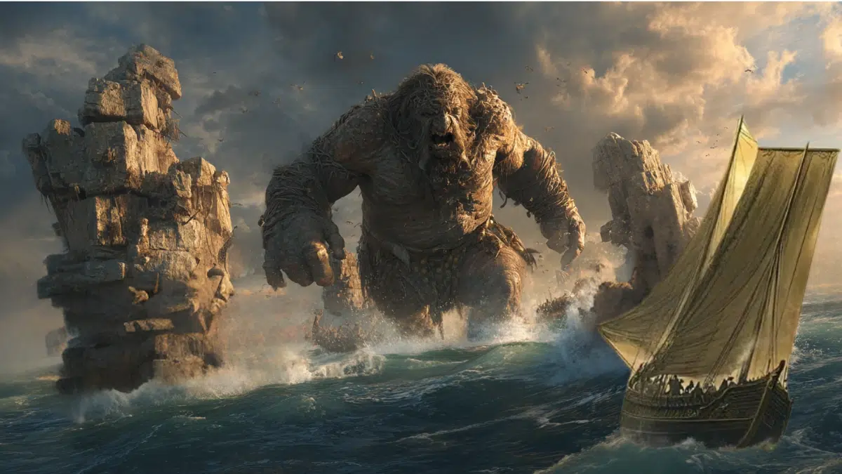 large monster giant storms through the sea heading towards a ship ready to attack it