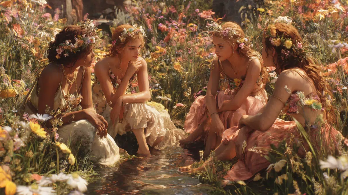 young Leimakids flower nymphs sitting inside a floral meadow