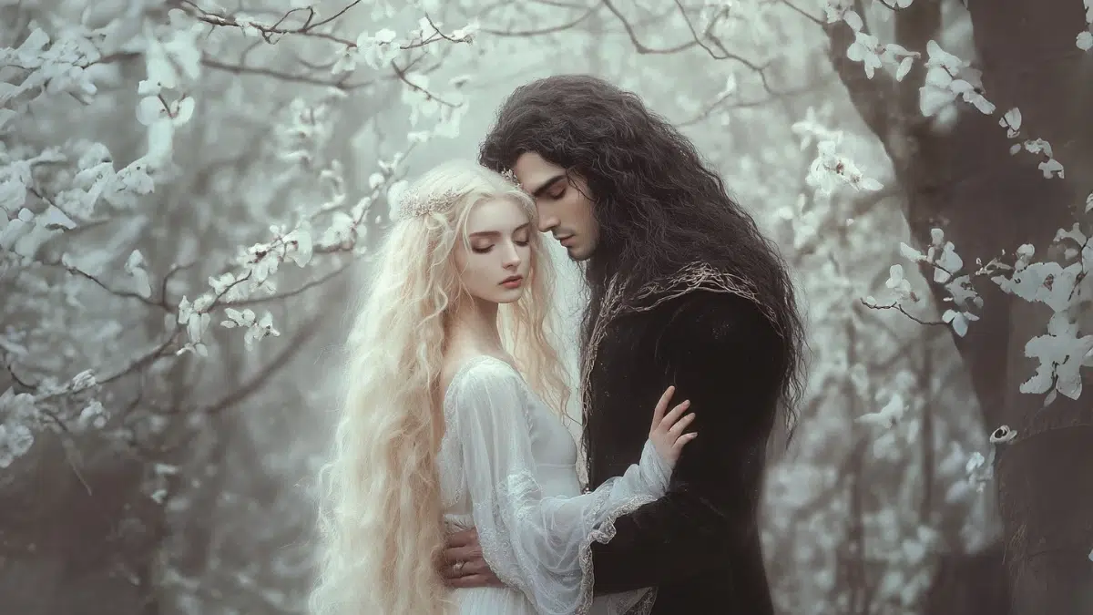 a beautiful river nymph wearing a long white gown with blond white hair embraces a yound Hades, with long dark hair wearing dark clothes in a forest of white leaved trees