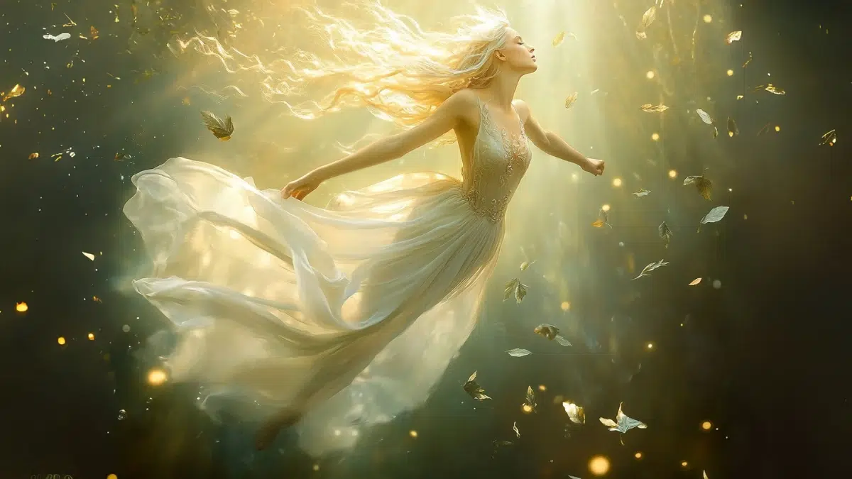 a nymph with long blond white hair wearing a long white gown floats into the air in a divine transformation, golden glow surrounds her